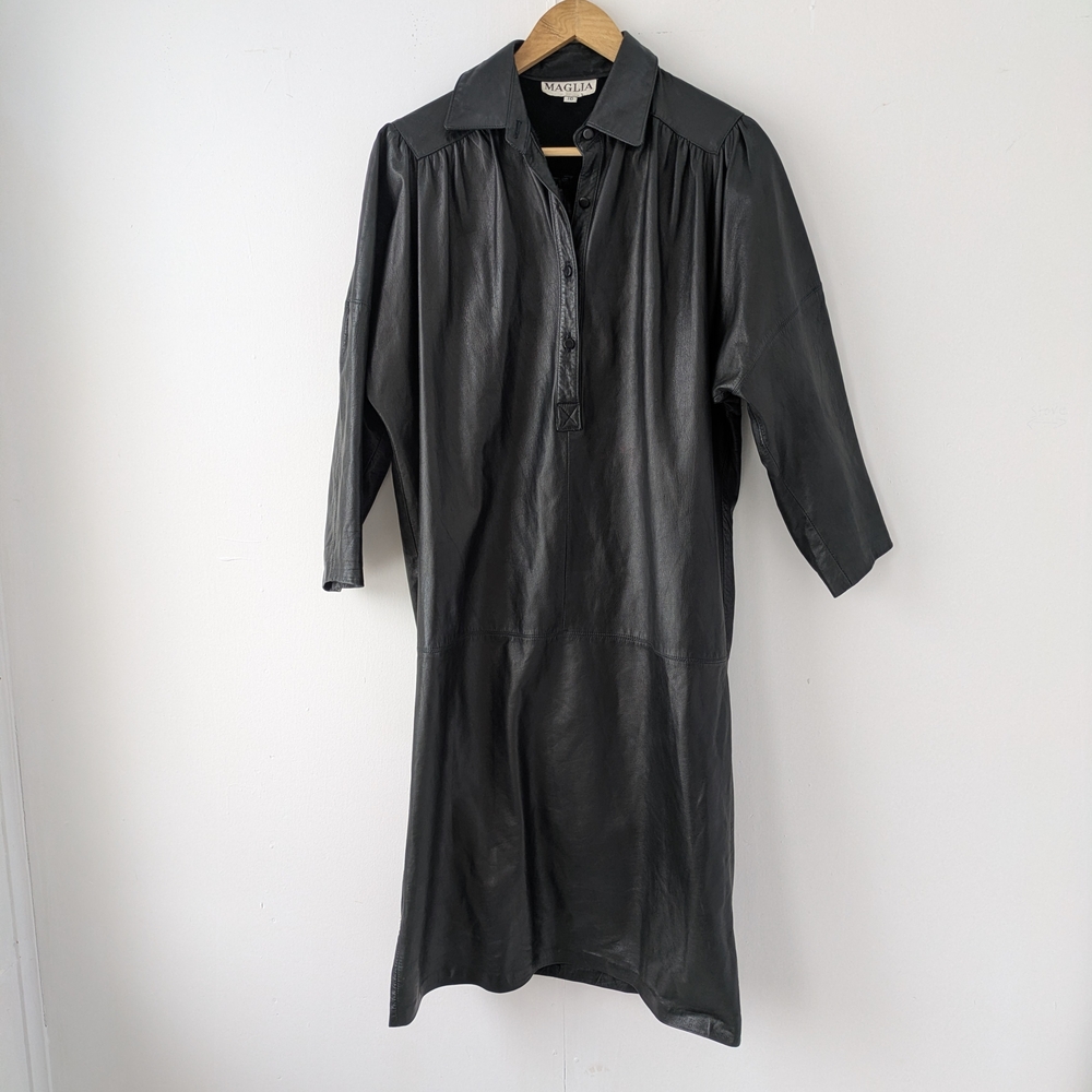 Leather Midi Dress Vintage Pullover Button Front Black Brand Maglia Size 10